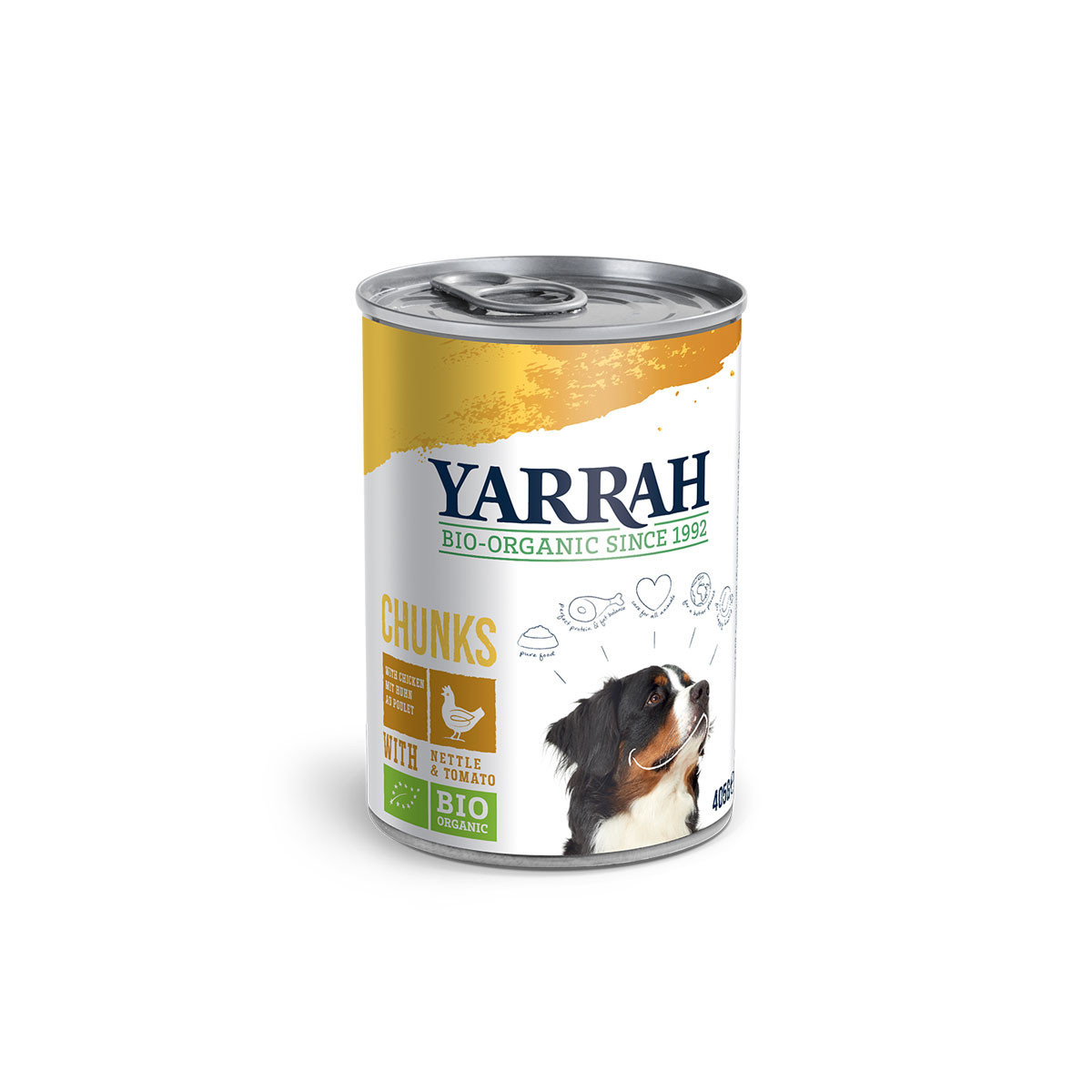 Trocitos para perros de pollo con ortiga y tomate bio lata 405g Yarrah